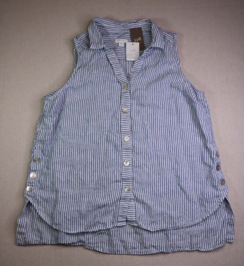 NWT J. Jill Love Linen Stripe Sleeveless Top Large Petite Blue White Side Button